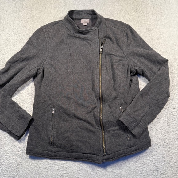 J Jill Gray Moto Jacket Sweatshirt Asymmetrical Zip Up Pockets Collared Womens M - Picture 1 of 7
